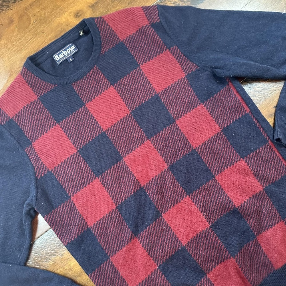 Barbour Sweater Mens Small Navy Red Buffalo Crew Wool Plaid Check MKN1143‎